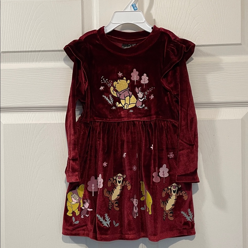 Adorable Burgandy Winnie the Pooh Embroidered Dress covered with His Friends NWT